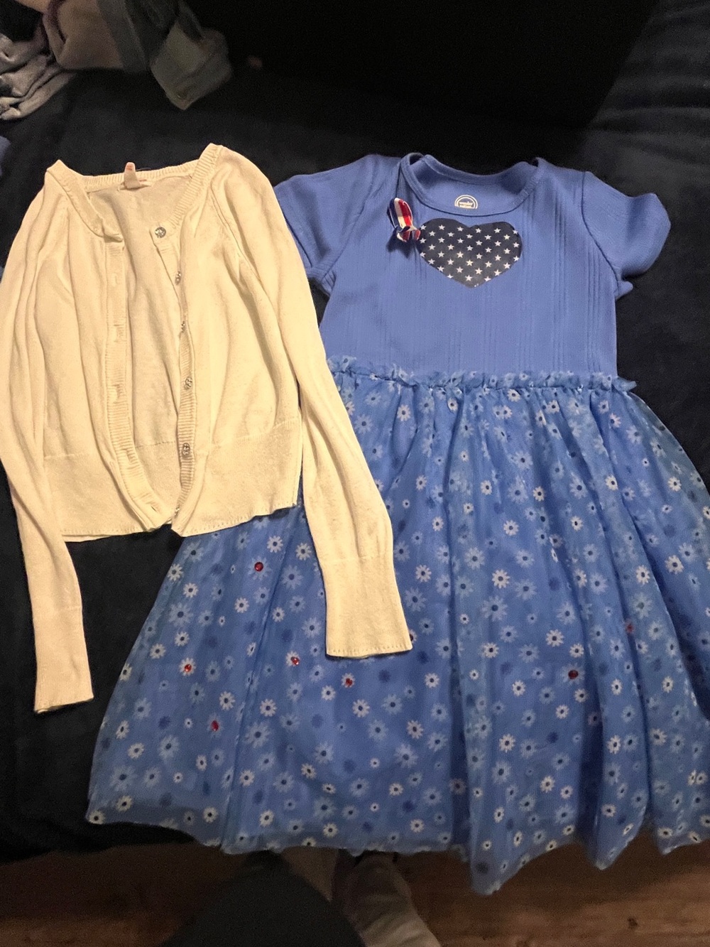 Blue Floral Tulle Girls Dress with Cream Cardigan wonderland american flag size